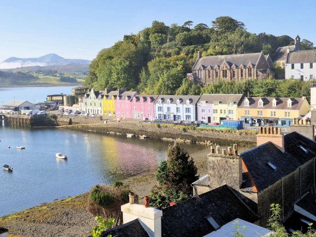 Portree harbour with its array of pretty multi-coloured buildings.
